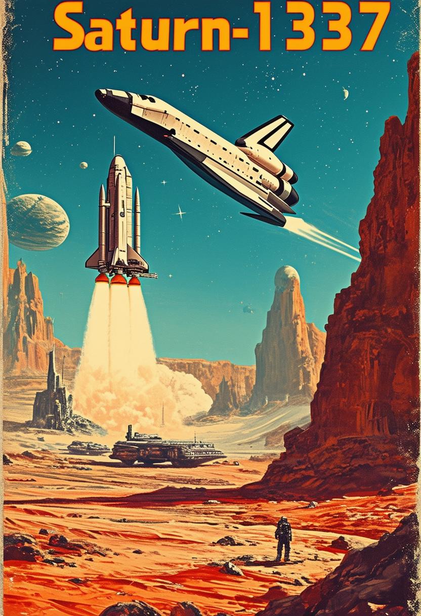 A retro sci-fi book cover featuring a vintage human space shuttle approaching a post-apocalyptic alien planet