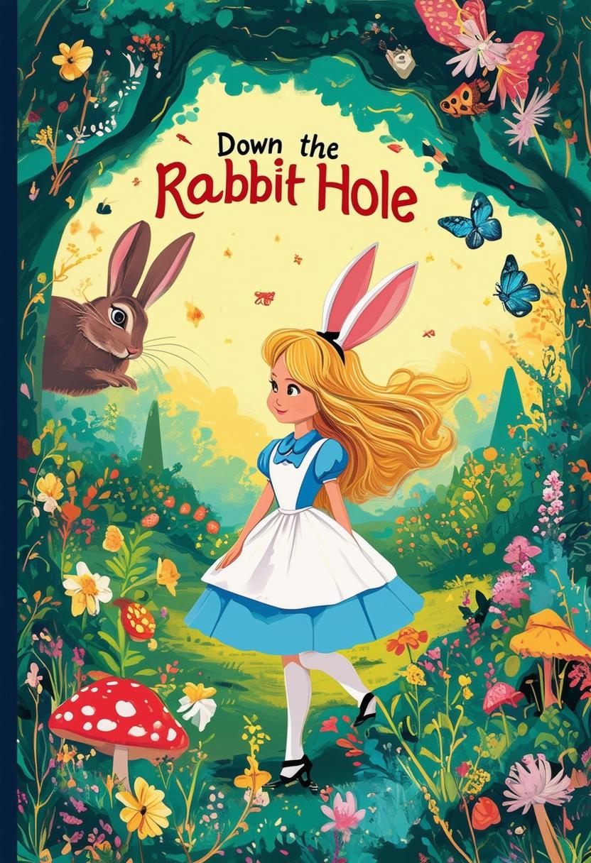 An Alice in Wonderland inspired children's book cover titled 'Down the Rabbit Hole'