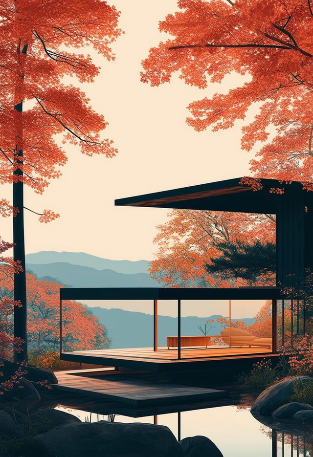 A magazine cover for 'Architecture Digest' featuring a minimalist Japandi hutt in a serene woodland.