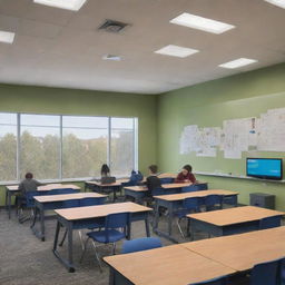 Dynamic interior scenes of BCA classrooms. Students collaboratively learning and actively engaging with cutting-edge technology.