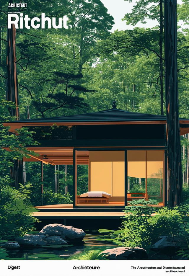 A book cover for 'Architecture Digest' featuring a minimalist Japandi hutt in a serene woodland.