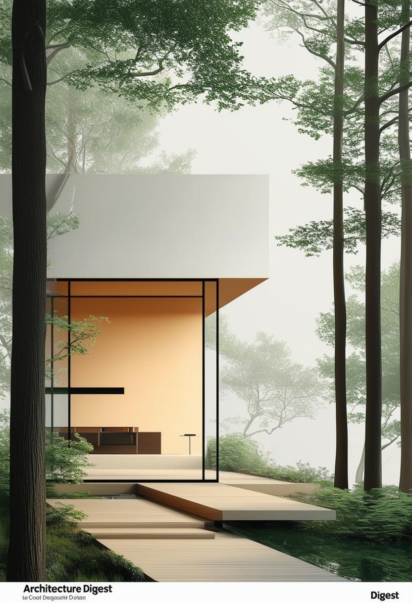 A high-definition 32k book cover for 'Architecture Digest' featuring a minimalist Japandi hutt in a serene woodland.