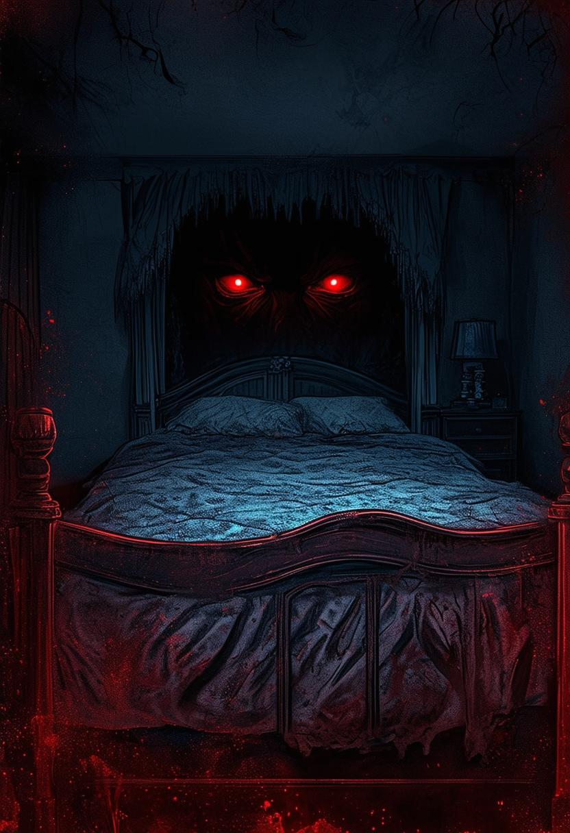 This request is for a very dark, horrifying book cover for a horror book titled "It's Under The Bed"