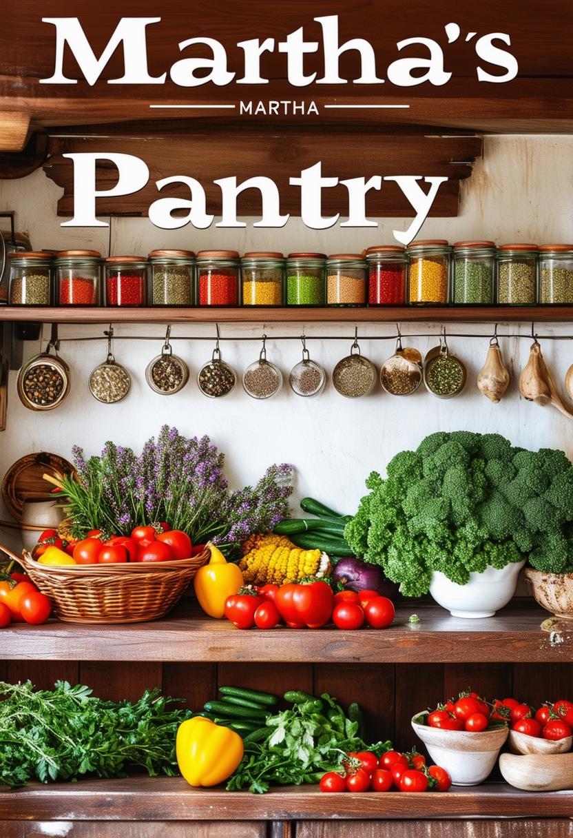 A vibrant and inviting cookbook cover titled "Martha's Pantry" featuring a rustic kitchen scene with a pantry filled with colorful spices, fruits, and vegetables