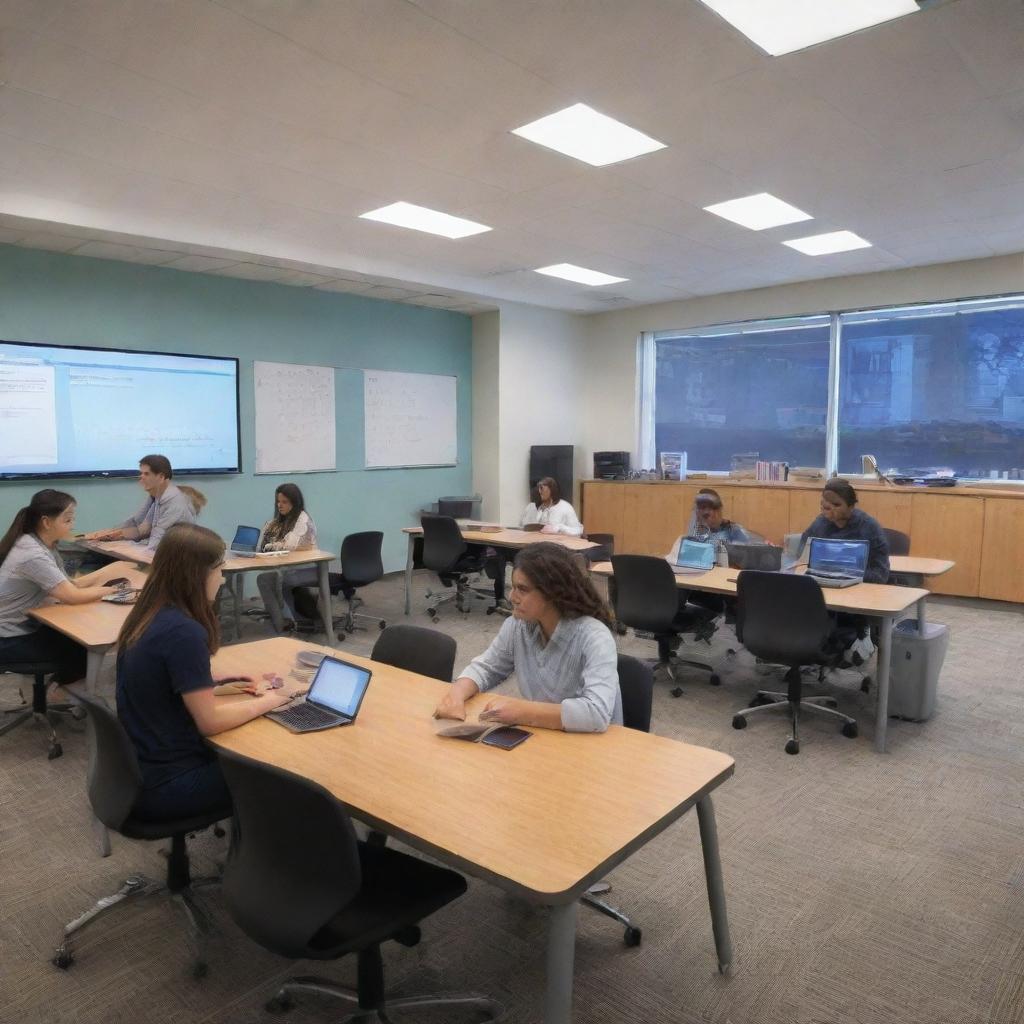 Dynamic interior scenes of BCA classrooms. Students collaboratively learning and actively engaging with cutting-edge technology.