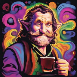Generate a vibrant, psychedelic portrait of a hobbit cleric