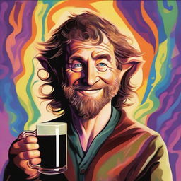 Generate a vibrant, psychedelic portrait of a hobbit cleric