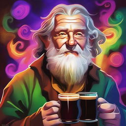 Generate a vibrant, psychedelic portrait of a hobbit cleric