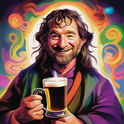 Generate a vibrant, psychedelic portrait of a hobbit cleric