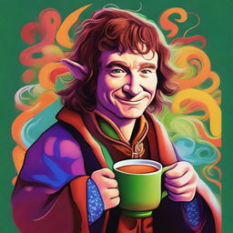 Generate a vibrant, psychedelic portrait of a hobbit cleric