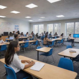 Dynamic interior scenes of BCA classrooms. Students collaboratively learning and actively engaging with cutting-edge technology.