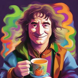 Generate a vibrant, psychedelic portrait of a hobbit cleric