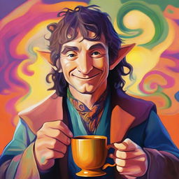 Generate a vibrant, psychedelic portrait of a hobbit cleric