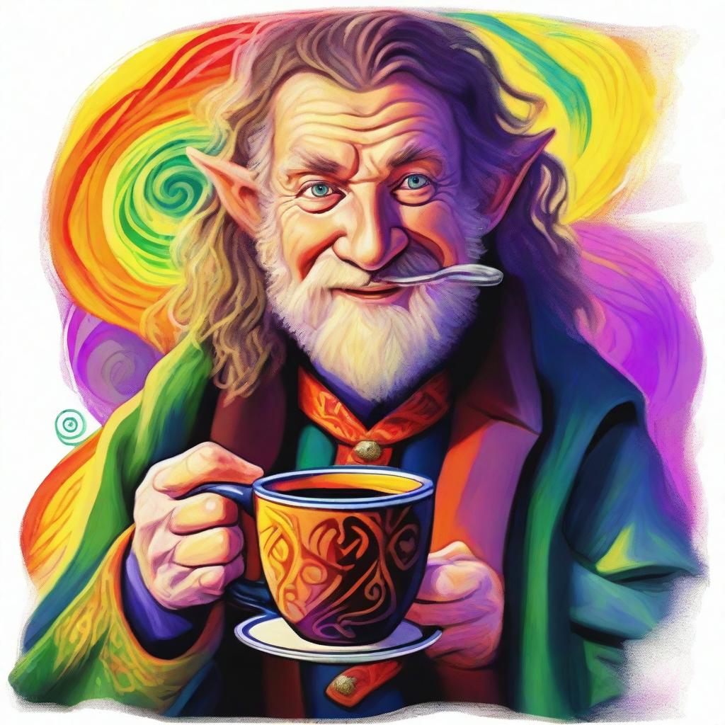 Generate a vibrant, psychedelic portrait of a hobbit cleric