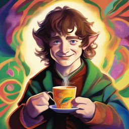 Generate a vibrant, psychedelic portrait of a young hobbit cleric