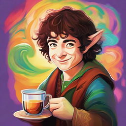 Generate a vibrant, psychedelic portrait of a young hobbit cleric