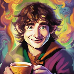 Generate a vibrant, psychedelic portrait of a young hobbit cleric