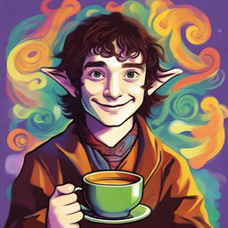 Generate a vibrant, psychedelic portrait of a young hobbit cleric