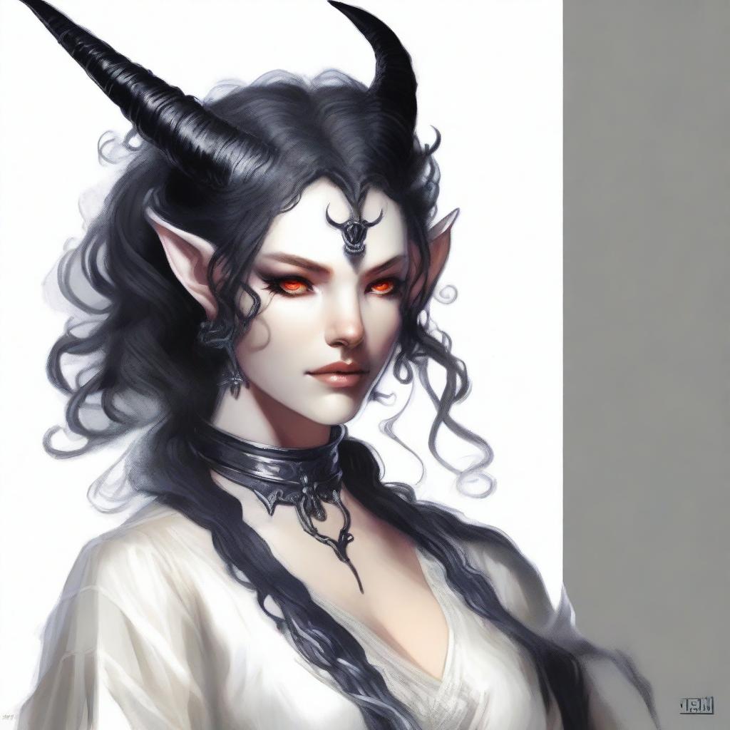 Create an image of a white-skinned Aasimar Tiefling hybrid