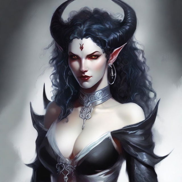 Create an image of a white-skinned Aasimar Tiefling hybrid