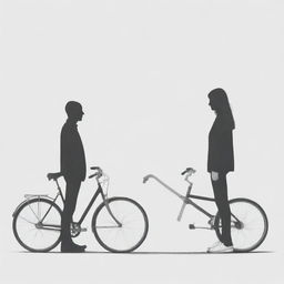 A minimalist sketch portraying a faceless man leaning against his bike, engaged in conversation with a faceless woman standing nearby.