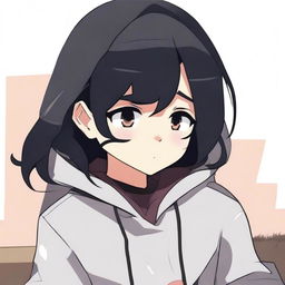 Generate an image of a character named Kirty with black hair. She is wearing a hoodie and crying while watching TV.