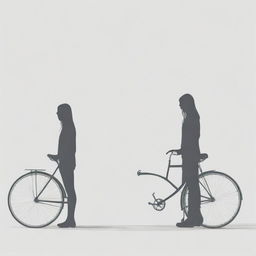 A minimalist sketch portraying a faceless man leaning against his bike, engaged in conversation with a faceless woman standing nearby.