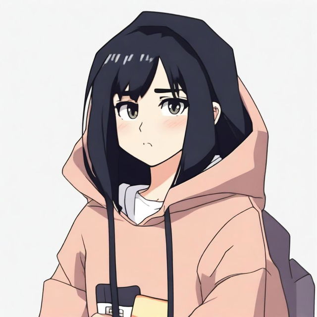 Generate an image of a character named Kirty with black hair. She is wearing a hoodie and crying while watching TV.