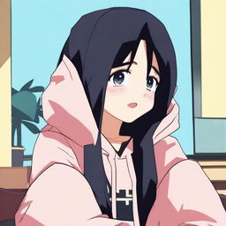 Generate an image of a character named Kirty with black hair. She is wearing a hoodie and crying while watching TV.