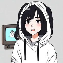 Generate an image of a character named Kirty with black hair. She is wearing a hoodie and crying while watching TV.