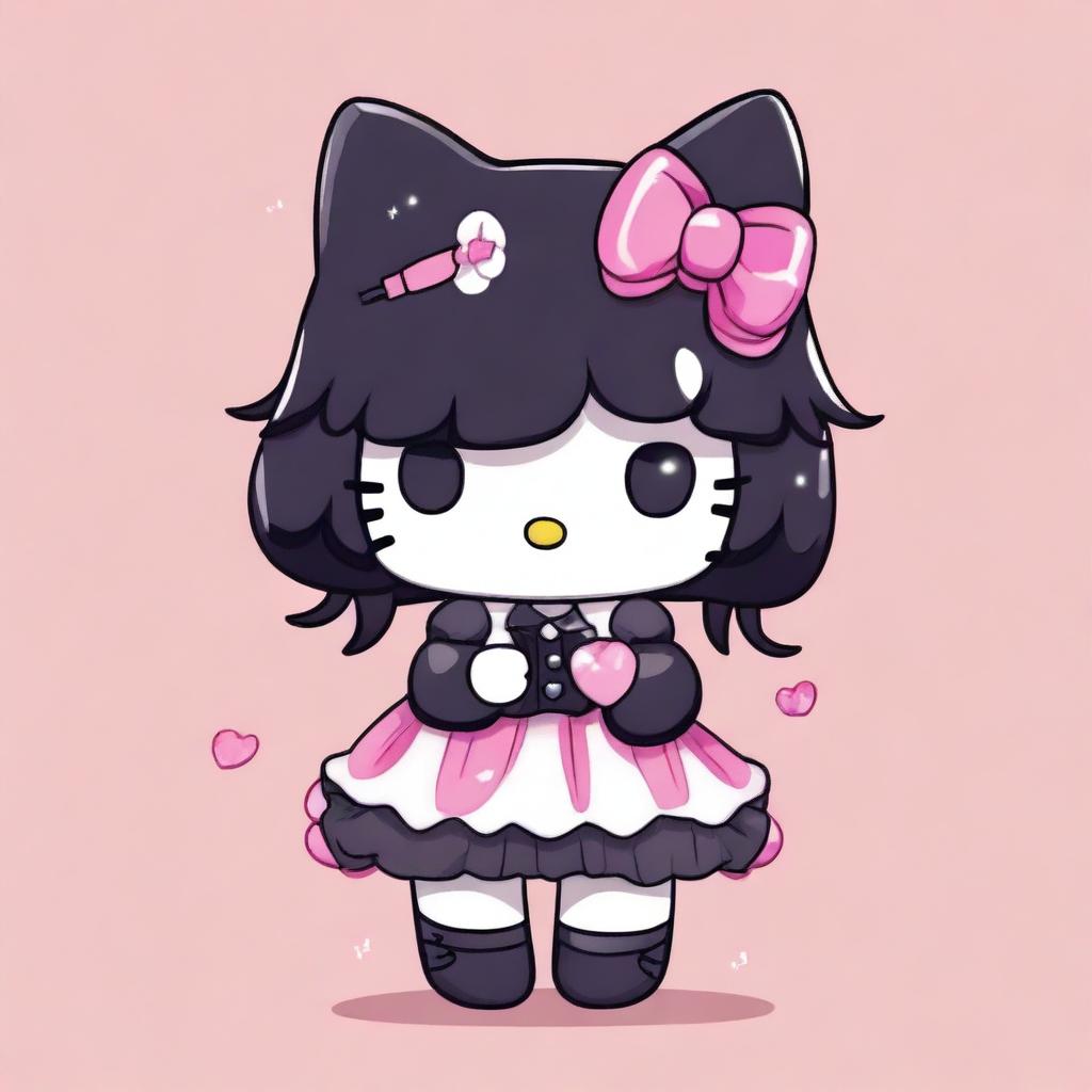 Generate an image of a jelly version of Hello Kitty with black hair. She is wearing a corset, smoking, and crying.