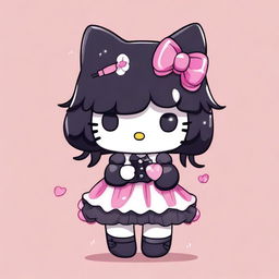 Generate an image of a jelly version of Hello Kitty with black hair. She is wearing a corset, smoking, and crying.