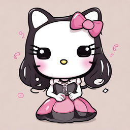 Generate an image of a jelly version of Hello Kitty with black hair. She is wearing a corset, smoking, and crying.