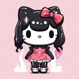 Generate an image of a jelly version of Hello Kitty with black hair. She is wearing a corset, smoking, and crying.