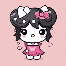 Generate an image of a jelly version of Hello Kitty with black hair. She is wearing a corset, smoking, and crying.