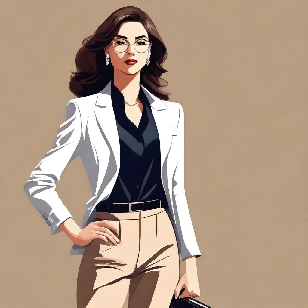 Artistic representation of a confident woman posing in a classy and fashionable outfit, maintaining a sense of elegance and sophistication