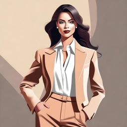 Artistic representation of a confident woman posing in a classy and fashionable outfit, maintaining a sense of elegance and sophistication