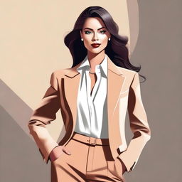 Artistic representation of a confident woman posing in a classy and fashionable outfit, maintaining a sense of elegance and sophistication