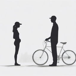 A minimalist sketch portraying a faceless man leaning against his bike, engaged in conversation with a faceless woman standing nearby.