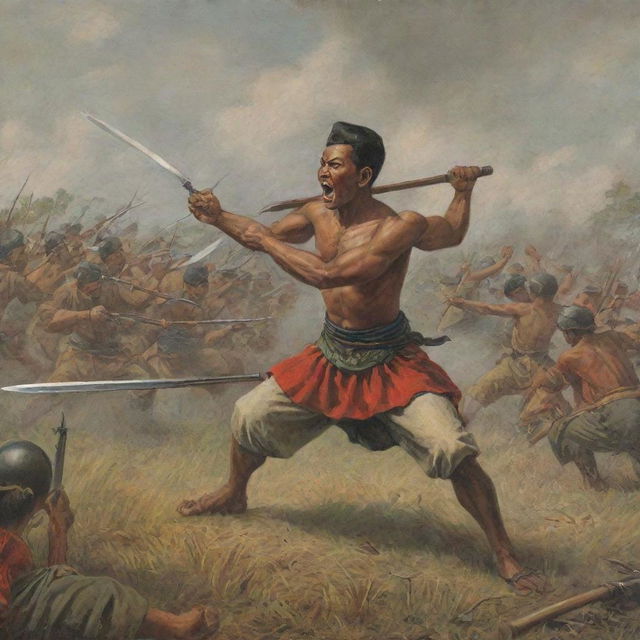 Historic depiction of Teuku Umar fighting in the Indonesian War of Independence, complete with detailed traditional attire, weaponry, and passionate expressions against a battleground backdrop.