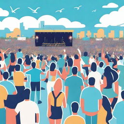 Generate an image of a beautiful and lively music festival, filled with people enjoying the music, dancing, and having a good time under a clear blue sky