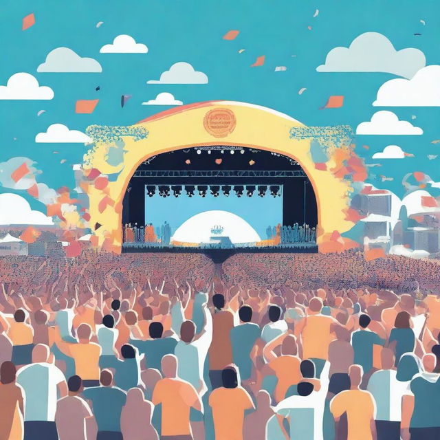 Generate an image of a beautiful and lively music festival, filled with people enjoying the music, dancing, and having a good time under a clear blue sky