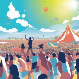 Generate an image of a beautiful and lively music festival, filled with people enjoying the music, dancing, and having a good time under a clear blue sky