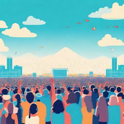 Generate an image of a beautiful and lively music festival, filled with people enjoying the music, dancing, and having a good time under a clear blue sky