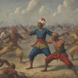 Historic depiction of Teuku Umar fighting in the Indonesian War of Independence, complete with detailed traditional attire, weaponry, and passionate expressions against a battleground backdrop.