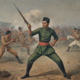 Historic depiction of Teuku Umar fighting in the Indonesian War of Independence, complete with detailed traditional attire, weaponry, and passionate expressions against a battleground backdrop.