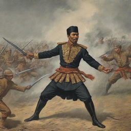 Historic depiction of Teuku Umar fighting in the Indonesian War of Independence, complete with detailed traditional attire, weaponry, and passionate expressions against a battleground backdrop.