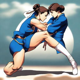 Chun Li from Street Fighter performing a headscissors move