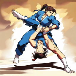 Chun Li from Street Fighter performing a headscissors move