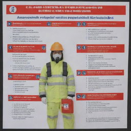 A detailed poster emphasizing K3 Safety principles includes eye-catching visuals of protective gear, safe working practices, hazard signs, first aid kit. The writing is in Indonesian language.